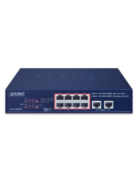 PLANET 8-Port 10/100/1000T 802.3at PoE + 2-Port 10/100/1000T Desktop Switch