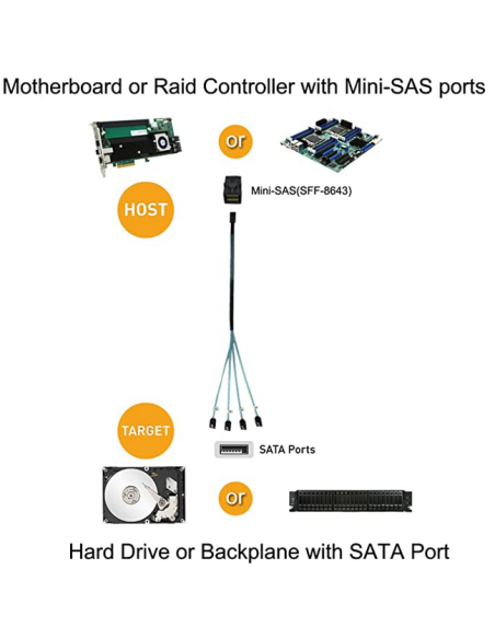 Internal HD Mini SAS (SFF-8643 Host) - 4X SATA (Target) Cable,SFF-8643 to 4X SATA Cable