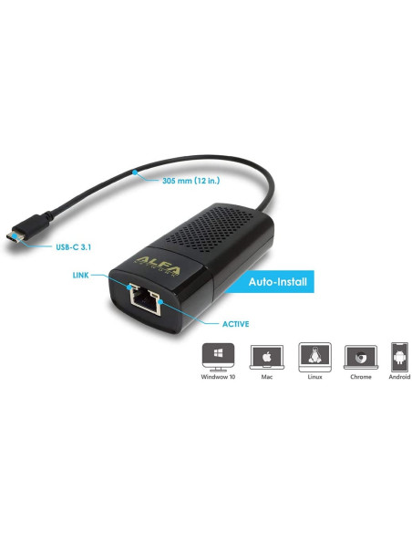 ALFA Multi-Gig AUE2500C USB-C 3.1 to RJ-45 2.5 Gigabit LAN Ethernet Adapter, 10/100/1000/2500 Mbps