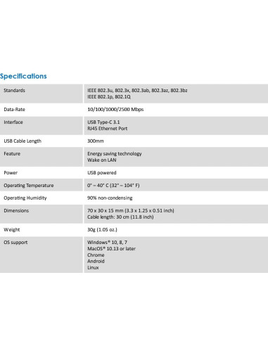 ALFA Multi-Gig AUE2500C USB-C 3.1 to RJ-45 2.5 Gigabit LAN Ethernet Adapter, 10/100/1000/2500 Mbps