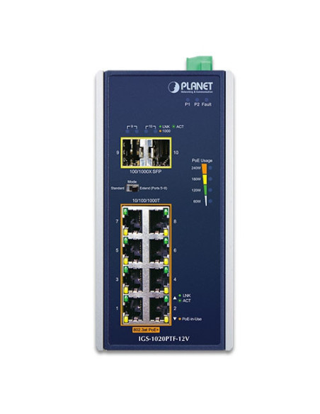 PLANET Industrial 8-Port 10/100/1000T 802.3at PoE + 2-Port 100/1000X SFP Ethernet Switch w/ 12V Booster (-40~75 degrees C)