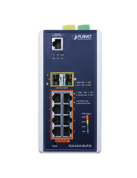 PLANET IGS-6325-8UP2S Industrial L3 8-Port 10/100/1000T 802.3bt PoE + 2-Port 1G/2.5G SFP + Managed Ethernet Switch