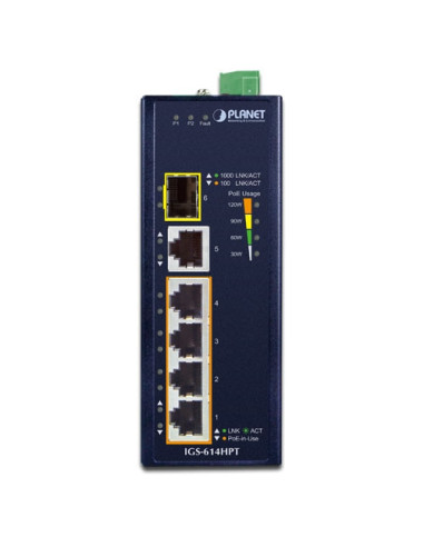 PLANET IGS-614HPT Industrial 4-Port 10/100/1000T 802.3at PoE + 1-Port 10/100/1000T + 1-Port 100/1000X SFP Gbit Ethernet Switch