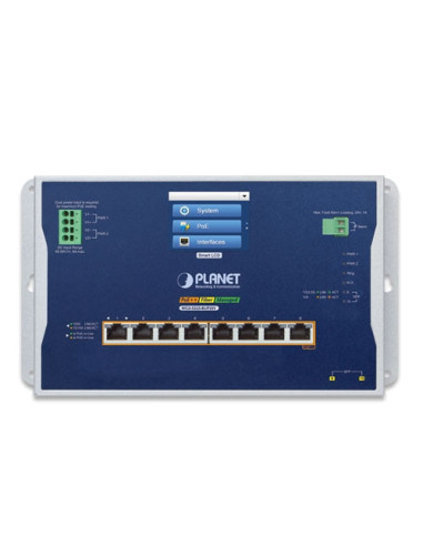 PLANET Industrial L2+ 8-Port 10/100/1000T 802.3bt PoE + 2-Port 1G/2.5G SFP Wall-mount Managed Switch with LCD Touch Screen