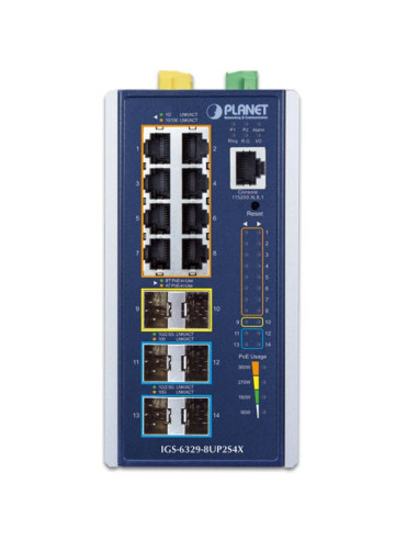 PLANET IGS-6329-8UP2S4X Industrial L3 8-Port 802.3bt PoE + 2-Port 1G/2.5G SFP + 4-Port 10G SFP+ Managed Ethernet Switch