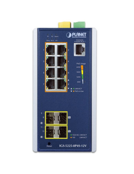 PLANET IGS-5225-8P4S-12V Industrial L2 8-Port 802.3at PoE + 2-Port SFP Managed Switch w/ 12V Booster