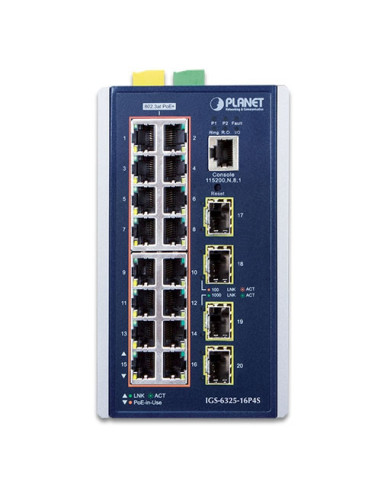 PLANET IGS-6325-16P4S L3 Industrial 16-Port 10/100/1000T 802.3at PoE + 4-Port 1G/2.5G SFP Managed Ethernet Switch