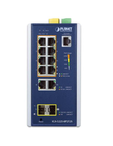 PLANET Industrial 8-Port 30W 802.3at PoE + 2-Port RJ45 + 2-Port 1G SFP Managed Gigabit Switch