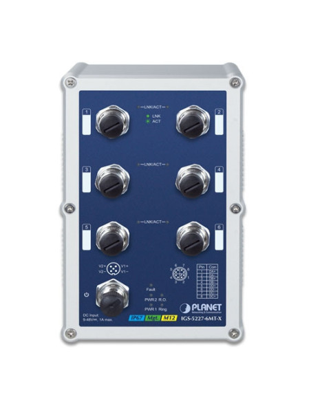 Industrial IP67-rated 6-Port 10/100/1000T M12 Managed Ethernet Switch (-40~75 degrees C, A-coded M12)