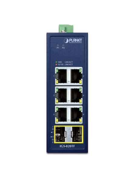 Planet IGS-820TF| Buy IGS-820TF Compact Industrial 6-Port 10/100/1000T + 2-Port 1000X SFP Gigabit Switch, IP30, Wide 9-48V DC, -