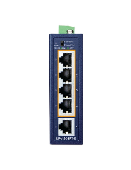 Planet ISW-504PT-E |ISW-504PT-E Compact Industrial 4-Port 10/100TX 802.3at PoE + 1-Port 10/100TX Ethernet Switch IP40, DIN Rail|