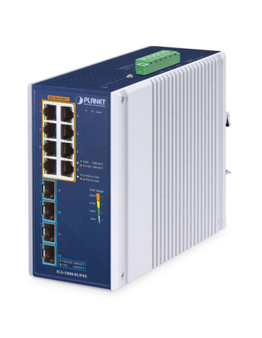 PLANET IGS-1000-8UP4X Industrial PoE++ Switch 8× Gigabit 802.3bt PoE 4× 10G SFP+ DIN-Rail